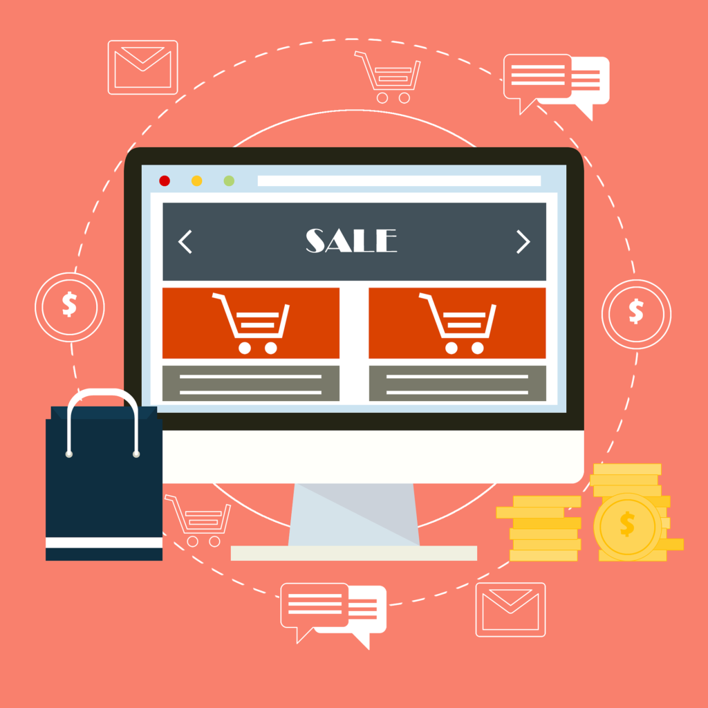 Vibrant eCommerce illustration showcasing a variety of products, shopping cart, and secure online transactions.